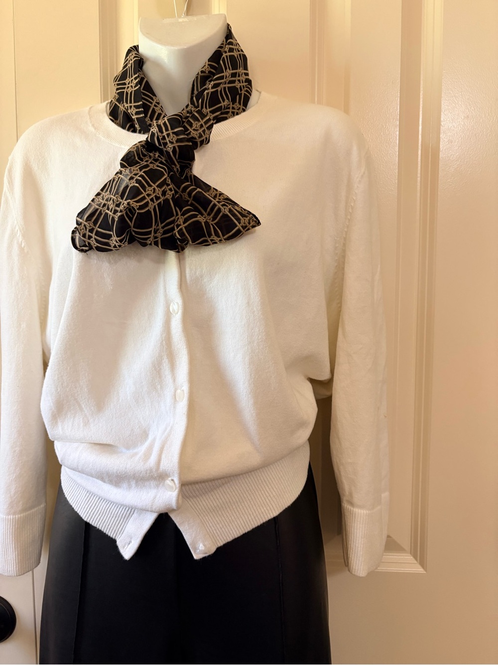 Classic White Women's Cardigan Sweater with scarf